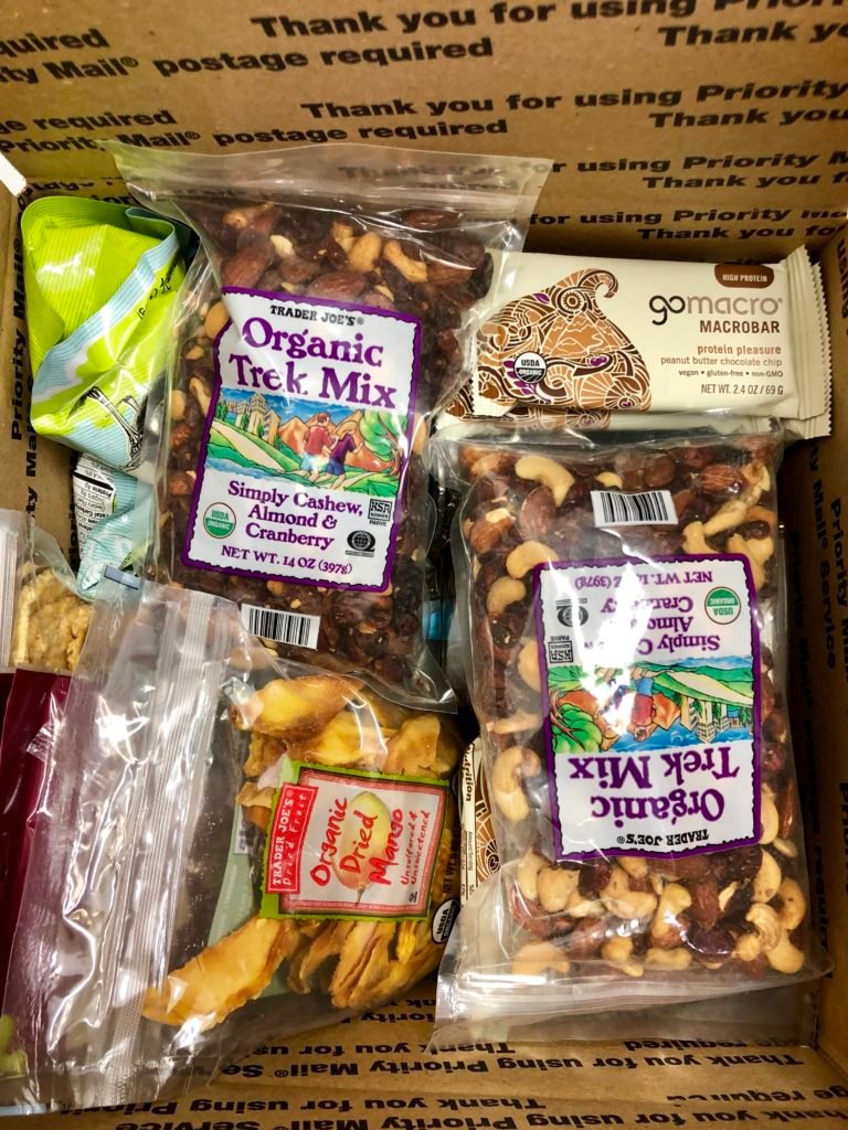care package full of snacks from Trader Joes