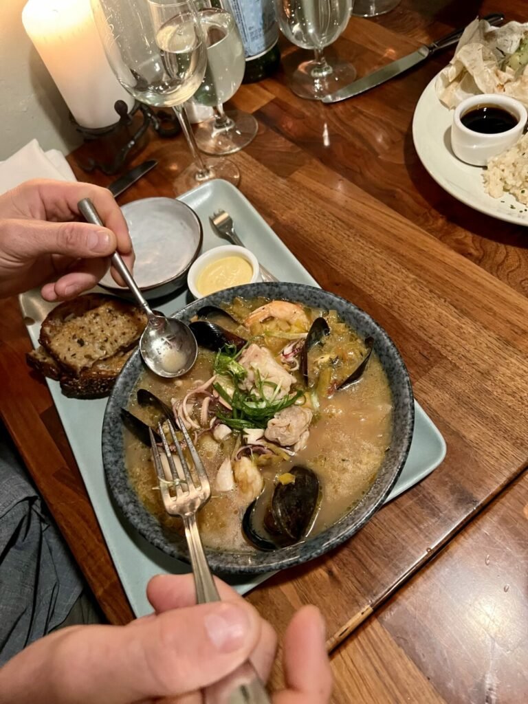 BOUILLABAISSE Monterey Bay 38 Wild-caught Rock Cod, Mussels, Squid, Shrimp, aromatics, saffron, rouille; Ad Astra Sourdough