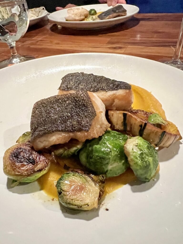 Roasted Monterey Black Cod over Brussel sprouts from Wild Fish in Pacific Grove California