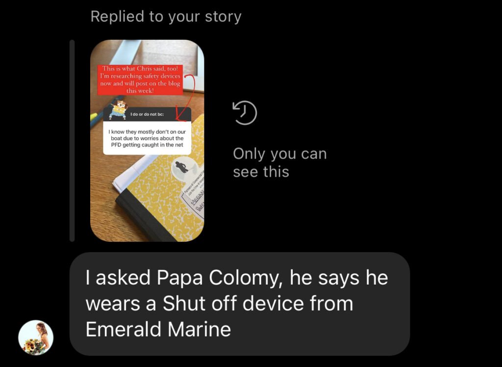 personal Direct message from Instagram recommending a marine safety device from Emerald Marine