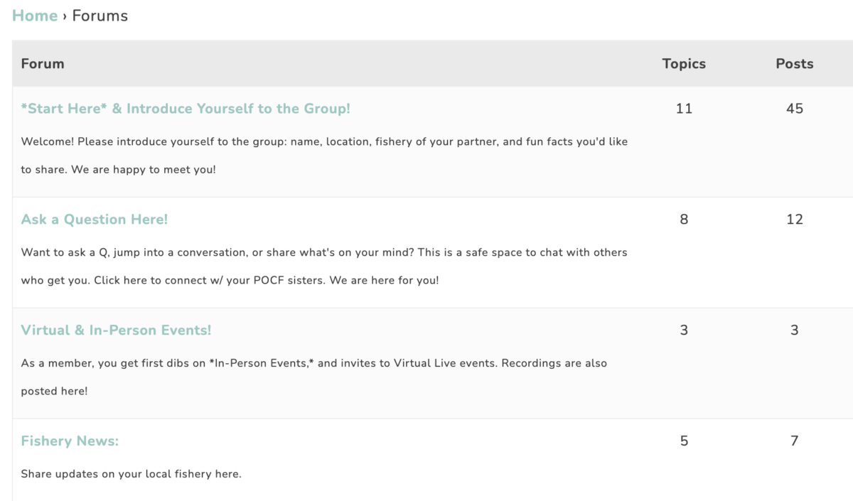 screenshot of private forum for partners of commercial fishermen